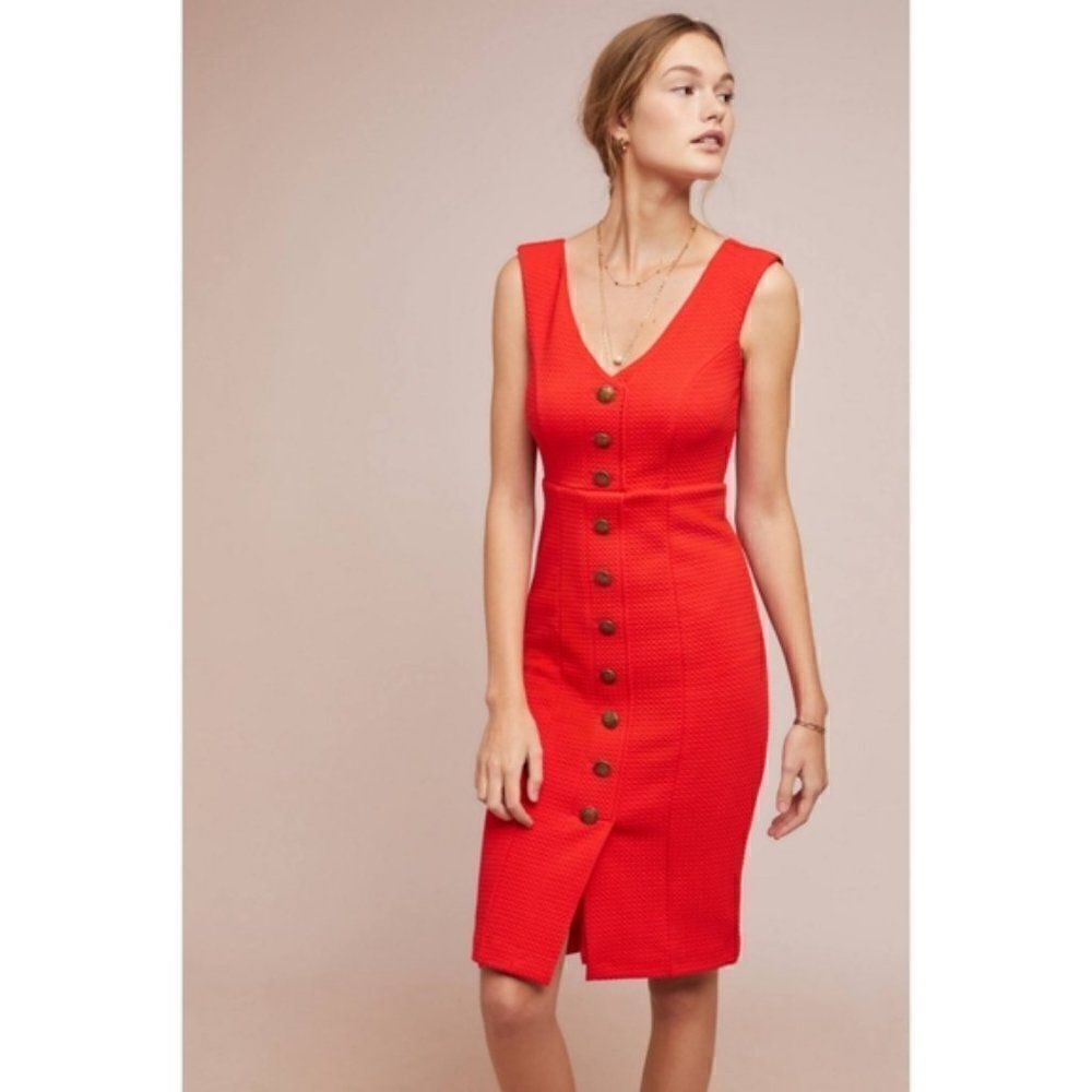 Anthropologie Maeve Tangerine Sleeveless Sheath Dress Brass Buttons Size Small